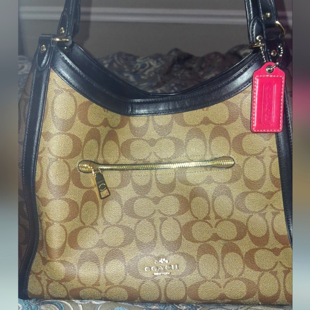 Coach Brown and Black Shoulder Bag with Signature Monogram